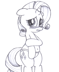 Size: 1900x2280 | Tagged: safe, artist:an-tonio, rarity, pony, unicorn, g4, assisted exposure, belly button, bipedal, blushing, clothes, clothing theft, covering, embarrassed, embarrassed underwear exposure, female, humiliation, monochrome, naked rarity, panties, public humiliation, solo, traditional art, underwear, we don't normally wear clothes