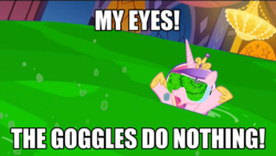 Size: 1600x900 | Tagged: safe, edit, screencap, princess cadance, g4, princess spike, season 5, flood, goggles, image macro, male, meme, my eyes, my eyes the goggles do nothing, simpsons did it, the simpsons, water