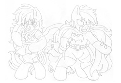 Size: 2372x1629 | Tagged: safe, artist:blackbewhite2k7, rainbow dash, pony, g4, back to back, batman, batmare, bipedal, cape, clothes, commission, crossover, monochrome, sailor loyalty, sailor senshi, sketch, tumblr crossover