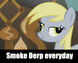 Size: 1514x1234 | Tagged: safe, edit, edited screencap, screencap, derpy hooves, pegasus, pony, g4, slice of life (episode), derp, female, lidded eyes, mare, meme, smiling, smoke weed everyday, solo