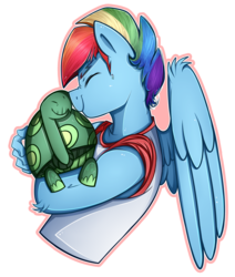 Size: 2371x2800 | Tagged: safe, artist:nolycs, artist:vocalmaker, rainbow dash, tank, pegasus, tortoise, anthro, g4, my little pony: friendship is magic, tanks for the memories, blitzabetes, cute, duo, duo male, eyes closed, high res, male, rainbow blitz, rule 63, rule63betes, smiling, snuggling, stallion, tankabetes