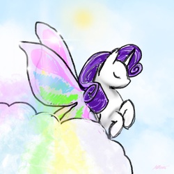 Size: 1774x1774 | Tagged: safe, artist:usiku, rarity, g4, sonic rainboom (episode), butterfly wings, cloud, female, flying, glimmer wings, solo, sparkly wings, wings