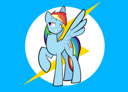 Size: 1999x1448 | Tagged: safe, artist:rubbermage, rainbow dash, g4, backwards cutie mark, female, raised hoof, smiling, solo, spread wings