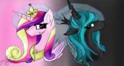 Size: 1600x858 | Tagged: safe, artist:lovelydreams14, princess cadance, queen chrysalis, alicorn, changeling, changeling queen, pony, g4, crown, female, jewelry, regalia, wingding eyes