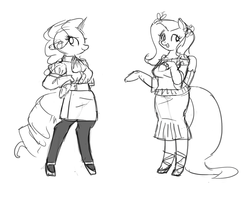 Size: 1000x800 | Tagged: safe, artist:king-kakapo, fluttershy, rarity, anthro, g4, arm hooves, clothes, monochrome, pantyhose, ribbon, simple background, sketch, skirt, sweater, sweatershy
