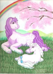 Size: 1700x2338 | Tagged: safe, artist:mythian, baby blossom, blossom, g1, mother and daughter