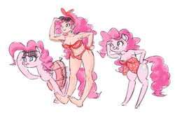Size: 1280x855 | Tagged: safe, artist:king-kakapo, pinkie pie, human, anthro, g4, anthro ponidox, arm hooves, barefoot, belly button, bikini, cleavage, clothes, feet, female, human anthrodox, human ponidox, humanized, inflatable, one-piece swimsuit, self ponidox, simple background, sketch, sunglasses, swimsuit, triple ponidox
