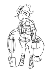 Size: 714x1000 | Tagged: safe, artist:king-kakapo, applejack, earth pony, anthro, g4, arm hooves, boots, clothes, female, grayscale, jacket, monochrome, rope, shorts, shovel, simple background, sketch, solo, toolbox