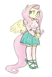 Size: 681x1000 | Tagged: safe, artist:king-kakapo, fluttershy, anthro, g4, arm hooves, breasts, clothes, female, kneesocks, simple background, skirt, socks, solo, stockings, stupid sexy fluttershy, sweater, sweatershy, zettai ryouiki
