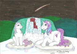 Size: 2327x1654 | Tagged: safe, artist:mythian, baby glory, glory, pony, g1, duo, mother and daughter, shooting star, waterfall