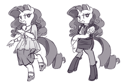 Size: 1000x690 | Tagged: safe, artist:king-kakapo, rarity, anthro, g4, arm hooves, boots, clothes, dress, female, monochrome, pantyhose, simple background, skirt, solo
