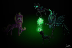 Size: 6000x4000 | Tagged: dead source, safe, artist:craszh, princess cadance, queen chrysalis, alicorn, changeling, changeling queen, pony, g4, crown, fangs, female, glowing eyes, glowing horn, horn, jewelry, magic, regalia