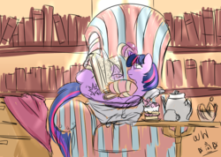 Size: 800x568 | Tagged: safe, artist:walthooves, twilight sparkle, alicorn, pony, g4, book, cake, chair, clothes, female, mare, reading, sketch, socks, solo, striped socks, tea, teacup, teapot, twilight sparkle (alicorn)