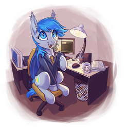 Size: 2361x2445 | Tagged: safe, artist:mav, oc, oc only, oc:paint splotch, bat pony, pony, bat pony oc, business suit, chair, clothes, coffee, computer, cute, desk, high res, lamp, looking up, office chair, sitting, solo, suit