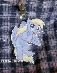 Size: 570x720 | Tagged: safe, artist:lobitaworks, derpy hooves, pegasus, pony, g4, badge, con badge, female, hanging, irl, mare, merchandise, photo