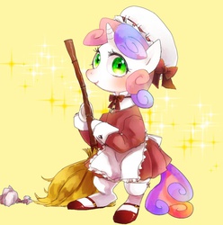 Size: 841x848 | Tagged: dead source, safe, artist:chi-hayu, sweetie belle, pony, unicorn, g4, blushing, broom, clothes, cute, female, filly, looking at you, maid, mary janes, skirt, smiling, solo