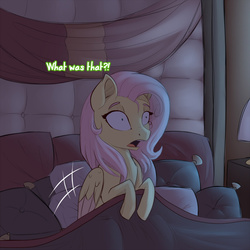 Size: 800x800 | Tagged: safe, artist:evehly, fluttershy, g4, bed, female, frown, open mouth, scared, solo, wide eyes