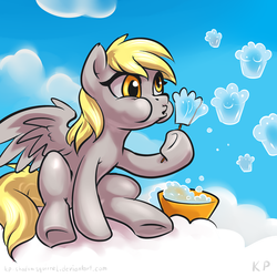 Size: 1500x1500 | Tagged: safe, artist:kp-shadowsquirrel, derpy hooves, pegasus, pony, g4, blowing bubbles, bubble, bubble blower, cloud, cloudy, female, mare, muffin, muffin bubbles, solo, that pony sure does love muffins, underhoof