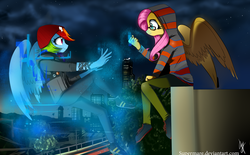 Size: 4242x2626 | Tagged: safe, artist:supermare, fluttershy, rainbow dash, anthro, g4, beanie, clothes, crossover, delsin rowe, eugene sims, glasses, hat, hoodie, implied middle finger, infamous, infamous second son