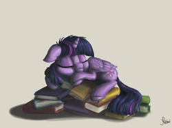 Size: 2359x1756 | Tagged: safe, artist:nemo2d, twilight sparkle, alicorn, pony, g4, princess spike, book, book nest, female, mare, princess sleeping on books, sleeping, solo, that pony sure does love books, tired twilight, twilight sparkle (alicorn)