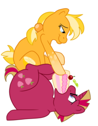 Size: 700x899 | Tagged: safe, artist:chubbyjam, oc, oc only, earth pony, pony, unicorn, bedroom eyes, belly, cake, eye contact, fat, force feeding, on back, simple background, smiling, stuffing, transparent background, vector, wide eyes