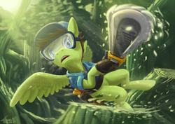 Size: 3508x2480 | Tagged: safe, artist:seer45, douglas spruce, evergreen, pegasus, pony, g4, princess spike, chainsaw, flying, goggles, high res, hoof hold, male, open mouth, solo, spread wings, stallion, tree