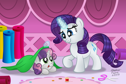 Size: 1280x853 | Tagged: safe, artist:aleximusprime, rarity, sweetie belle, g4, cute, diasweetes, eye contact, magic, open mouth, prone, raised hoof, sisters, smiling, telekinesis