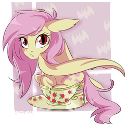 Size: 900x900 | Tagged: safe, artist:silbersternenlicht, fluttershy, pony, g4, cup of pony, female, flutterbat, race swap, solo, teacup