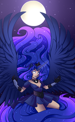 Size: 800x1300 | Tagged: safe, artist:floofurr, princess luna, human, g4, clothes, dress, eared humanization, female, glowing eyes, horn, horned humanization, humanized, moon, solo, spread wings, tailed humanization, winged humanization