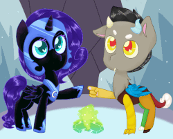 Size: 1280x1030 | Tagged: safe, artist:stormswirl1, discord, nightmare moon, g4, animated, cute, discute, filly, moonabetes, nightmare woon, pointing, young discord, younger