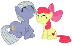 Size: 3668x2328 | Tagged: safe, artist:reitanna-seishin, apple bloom, limestone pie, earth pony, pony, g4, ^^, alternate cutie mark, apple bloom's bow, bow, duo, duo female, eyes closed, female, filly, foal, hair bow, harsher in hindsight, high res, hilarious in hindsight, mare, simple background, smiling, transparent background