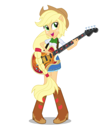 Size: 2160x2477 | Tagged: safe, artist:sigmastarlight, applejack, equestria girls, g4, my little pony equestria girls: rainbow rocks, bass guitar, clothes, denim skirt, female, freckles, high res, musical instrument, open mouth, ponied up, pony ears, simple background, skirt, solo, transparent background, vector