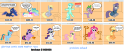 Size: 1536x643 | Tagged: safe, artist:vincentthecrow, edit, applejack, derpy hooves, fluttershy, lyra heartstrings, maud pie, pinkie pie, princess celestia, princess luna, rainbow dash, rarity, spike, twilight sparkle, alicorn, dragon, earth pony, pegasus, pony, unicorn, derpibooru, g4, barcode, bronybait, choice, comic sans, dilemma, everything is fixed, female, male, mane six, mare, meta, pick one, ponies for sale, preening, puppy dog eyes, signs, sitting, speech bubble, talking, talking to viewer, thought bubble, traditional royal canterlot voice, twilight sparkle (alicorn)