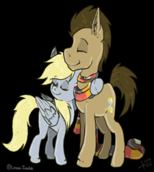 Size: 620x689 | Tagged: safe, artist:lesiwtroublemaker, derpy hooves, doctor whooves, time turner, earth pony, pony, g4, slice of life (episode), black background, clothes, eyes closed, female, hug, male, scarf, scene interpretation, ship:doctorderpy, shipping, simple background, stallion, straight