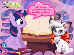 Size: 703x528 | Tagged: safe, artist:fynsy.com, twilight sparkle, oc, oc:fynsy, cat, g4, blushing, dead stare, dialogue, feral, flash game, furry, fynsy, shipping, wat