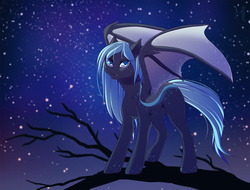 Size: 1800x1365 | Tagged: safe, artist:margony, oc, oc only, bat pony, pony, night, solo, stars, tree