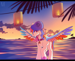 Size: 1700x1394 | Tagged: safe, artist:margony, oc, oc only, candle, collar, colored wings, colored wingtips, hat, looking at you, multicolored wings, ocean, scenery, smiling, solo, spread wings, wet, wet mane