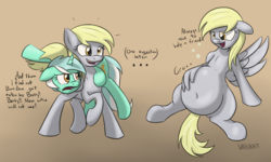 Size: 1442x868 | Tagged: safe, artist:variant, derpy hooves, lyra heartstrings, pegasus, pony, unicorn, g4, belly, casual vore, death, derpypred, dialogue, digestion, female, fetish, floppy ears, mare, stomach noise, vore, willing prey, willing vore, wing hands