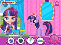 Size: 826x619 | Tagged: safe, twilight sparkle, human, pony, unicorn, g4, baby, barbie, derp, female, flash game, love, pet, playing, toy, train