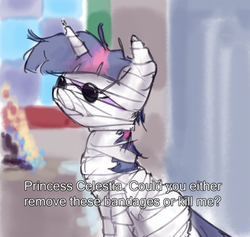 Size: 739x700 | Tagged: safe, artist:king-kakapo, princess celestia, twilight sparkle, ambiguous race, pony, g4, bandage, sabrina the teenage witch, subtitles, sunglasses