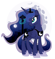Size: 400x427 | Tagged: safe, artist:xkappax, princess luna, g4, emerald city comicon, female, mare in the moon, moon, seattle, slender, solo, space needle, thin