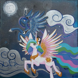 Size: 1280x1270 | Tagged: dead source, safe, artist:kerrymairie, princess celestia, princess luna, alicorn, pony, g4, acrylic painting, flying, moon, night, painting, traditional art