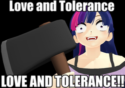 Size: 858x608 | Tagged: safe, artist:the-horrible-mu, twilight sparkle, human, g4, 3d, axe, female, humanized, image macro, insanity, love and tolerance, meme, mmd, solo, yandere
