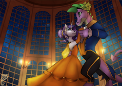 Size: 1280x905 | Tagged: safe, artist:casynuf, rarity, spike, g4, beauty and the beast, clothes, crossover, curved horn, dancing, disney, disney style, dress, female, horn, male, older, older spike, ship:sparity, shipping, straight, style emulation