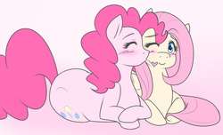 Size: 1280x779 | Tagged: safe, artist:jonfawkes, fluttershy, pinkie pie, g4, blushing, female, lesbian, ship:flutterpie, shipping, simple background