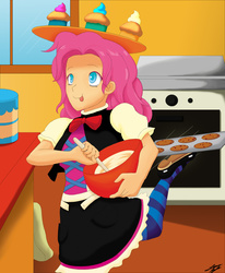 Size: 2102x2554 | Tagged: safe, artist:skecchiart, pinkie pie, human, g4, balancing, cookie, cupcake, female, high res, humanized, kitchen, oven, solo, tongue out