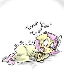 Size: 2000x2300 | Tagged: safe, artist:manfartwish, applejack, fluttershy, g4, anxiety, blanket, crying, doll, female, high res, panic, panic attack, scared, solo
