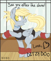 Size: 940x1131 | Tagged: safe, artist:dbkit, derpy hooves, pegasus, pony, g4, active stretch, extended trot pose, female, leg warmers, leotard, mare, necklace, solo, stretching