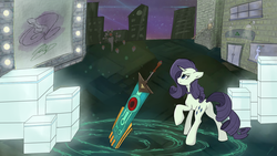 Size: 1024x576 | Tagged: safe, artist:zodiarkfox, rarity, g4, city, crossover, female, night, solo, sword, transistor, video game, weapon