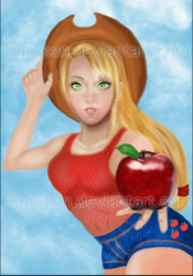 Size: 414x590 | Tagged: safe, artist:durriken, applejack, human, g4, apple, blonde, clothes, cowboy hat, denim, freckles, hat, humanized, shorts